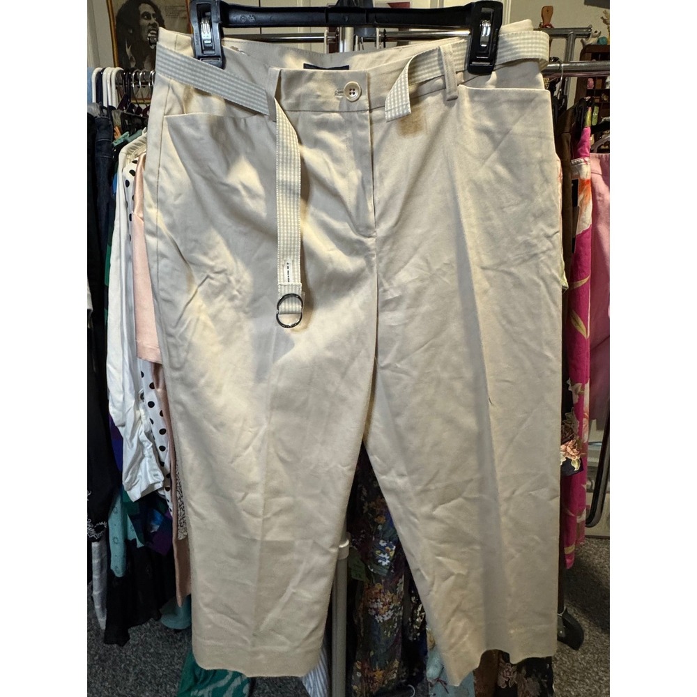 090 Macy's Women Khaki Cropped Trousers with Gingham D-Ring Belt Size 8P Beige‎